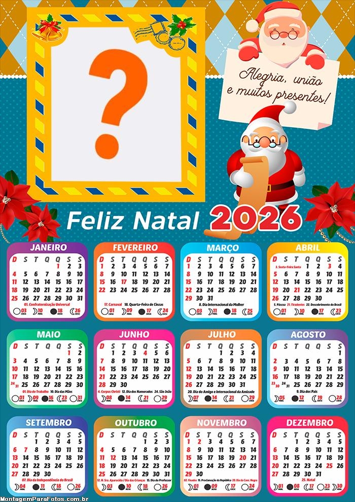 Calendário 2026 Papai Noel dos Correios Fazer Colagem Grátis