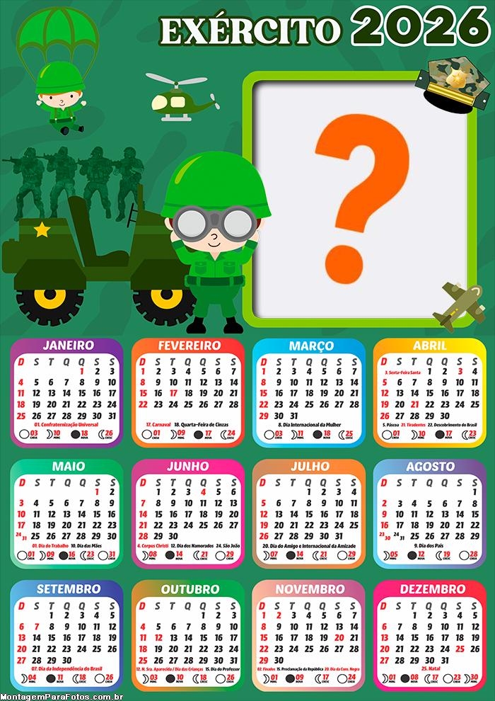 Calendário 2026 Exército Tema Infantil Colagem Online