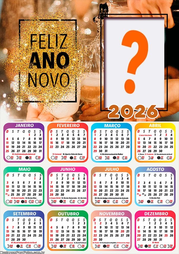 Calendário 2026 Feliz Ano Novo Dourado Montagem de Foto