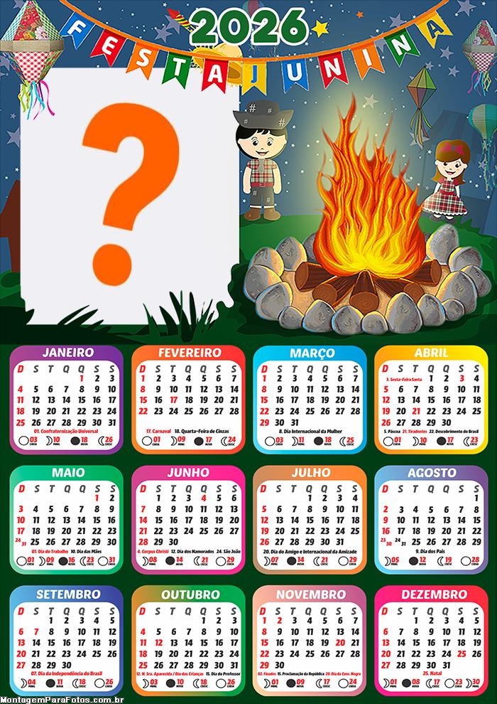 Calendário 2026 Fogueira Festa Junina Foto Moldura