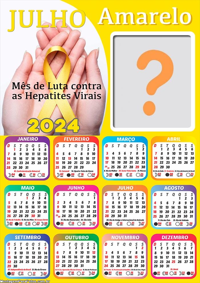 Calendário 2024 Campanha Julho Amarelo para Fazer Colagem