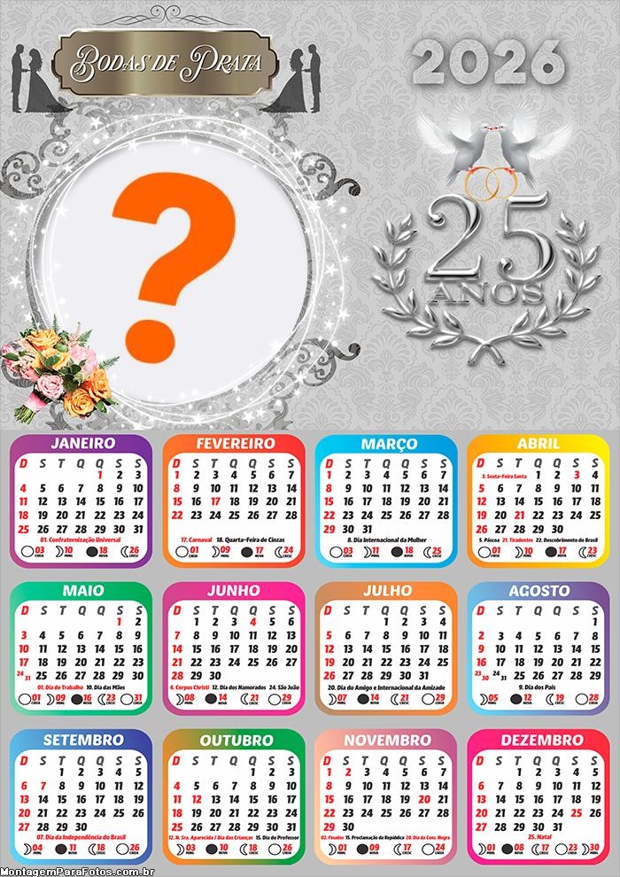Calendário 2026 Bodas de Prata Criar Montagem