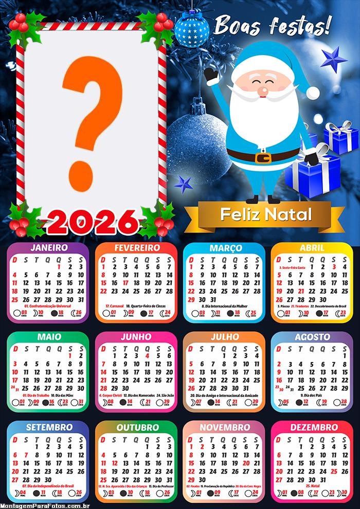 Calendário 2026 Papai Noel Azul Fazer Colagem Grátis