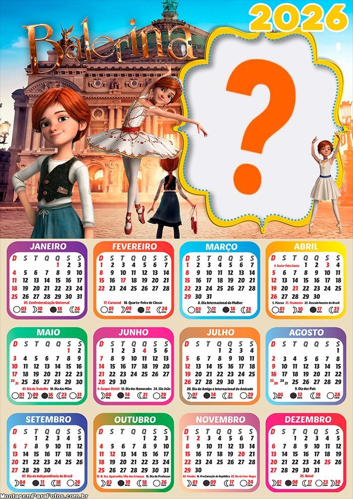 Calendário 2026 Balerina Montagem de Foto