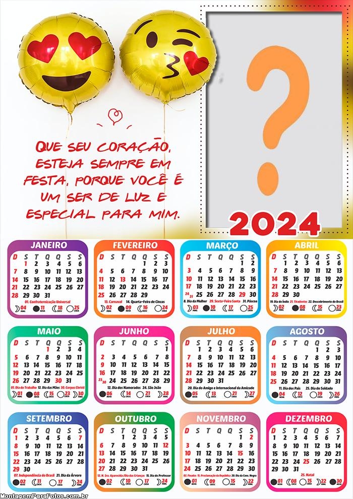 Calendário 2024 Coração sempre em Festa Feliz Aniversário Mensagem Colagem de Foto