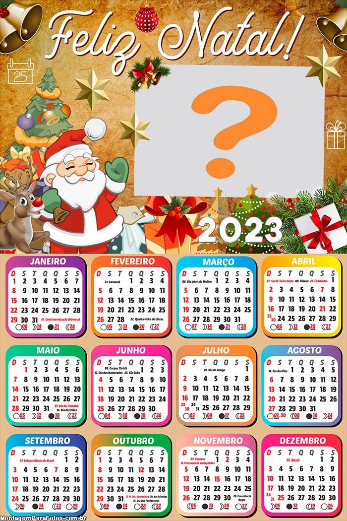 Calendário 2023 Feliz Natal Papai Noel e Rena Montar e Imprimir