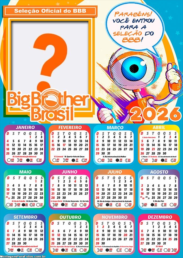 Calendário 2026 BBB Seleção Oficial Emoldurar Foto Online