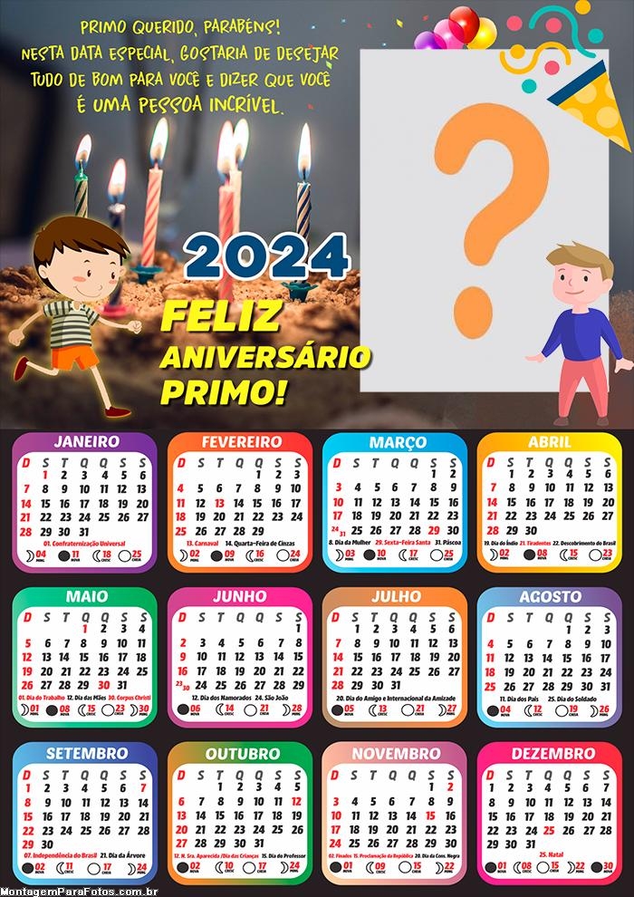 Calendário 2024 Feliz Aniversário Meu Primo Moldura com Foto Online