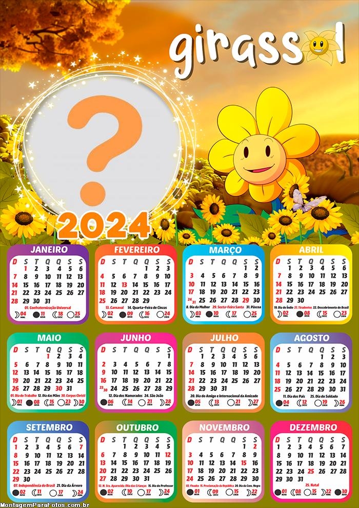 Calendário 2024 Gratuito Montagem Girassol Tema Infantil