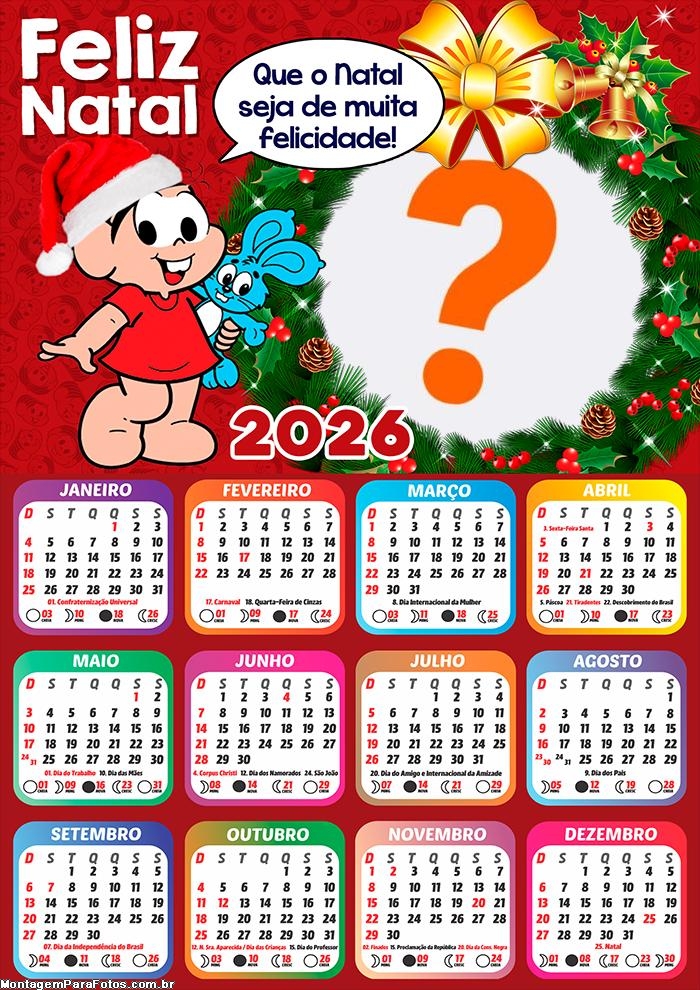 Calendário 2026 Feliz Natal Mônica Foto Colagem