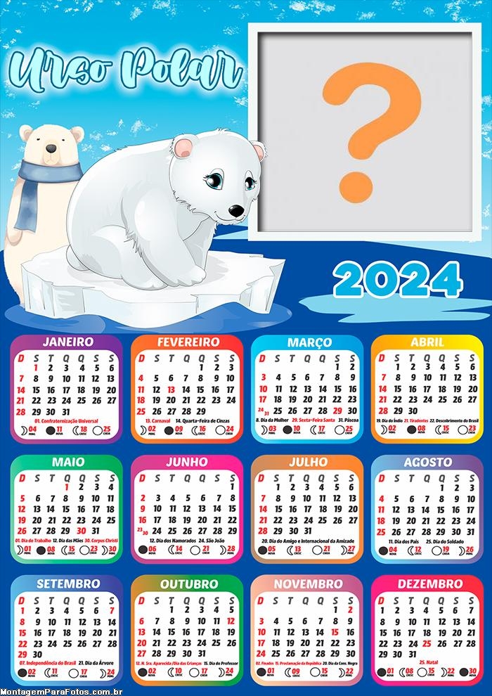 Calendário 2024 Urso Polar Imprimir Foto Moldura