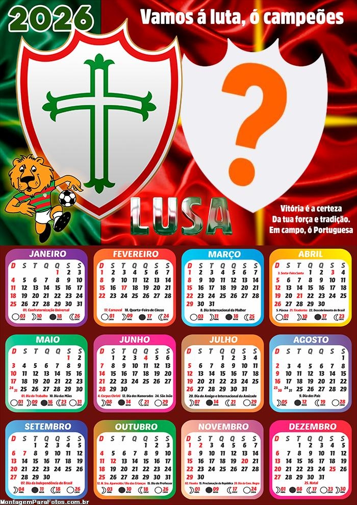 Calendário 2026 Portuguesa Time de Futebol Fazer Colagem Grátis
