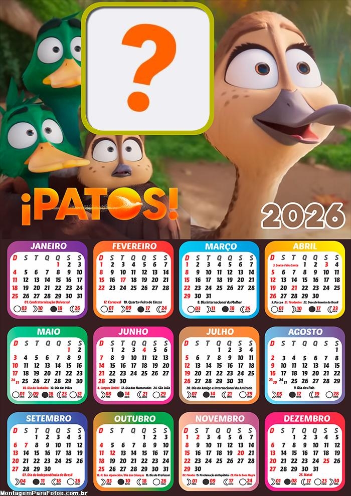 Calendário 2026 Patos! Fazer Colagem Grátis