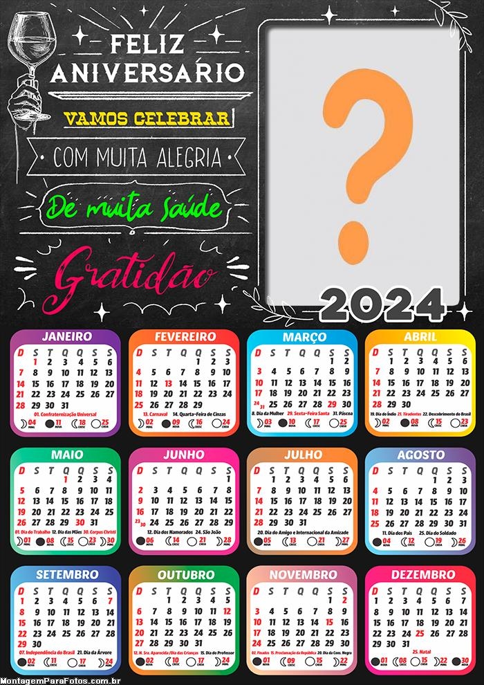 Calendário 2024 Feliz Aniversário Gratidão Imprimir Foto Moldura