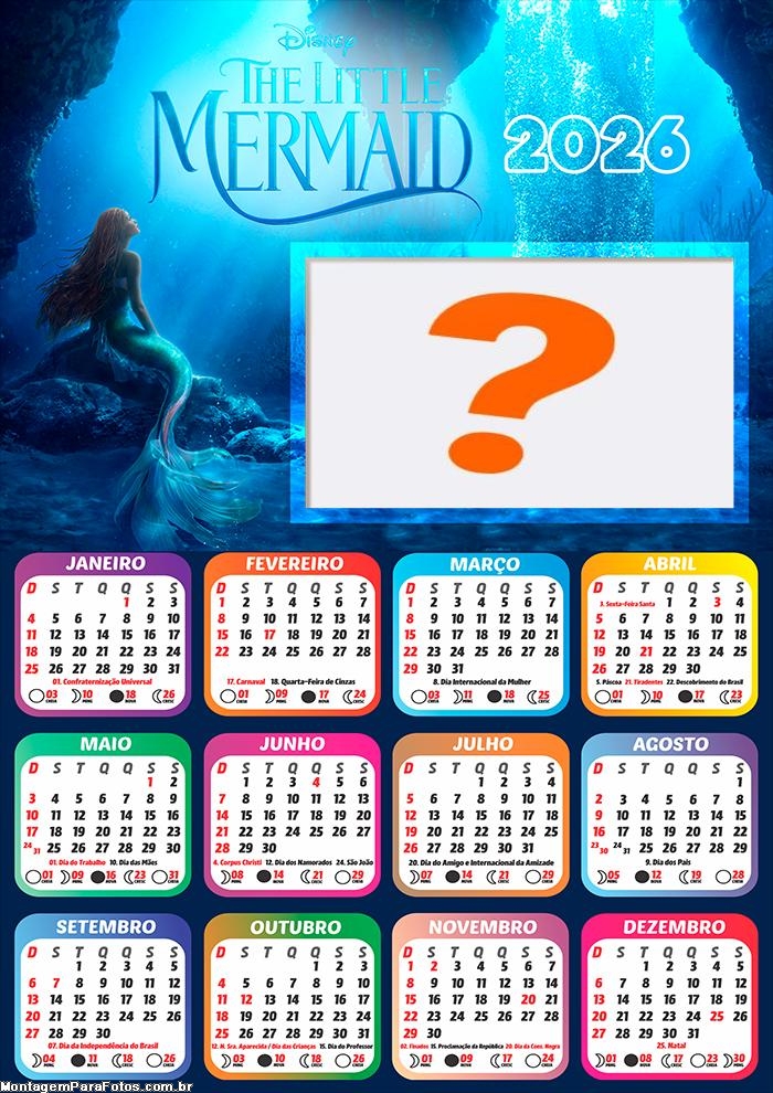 Calendário 2026 The Little Mermaid Montar Foto Grátis