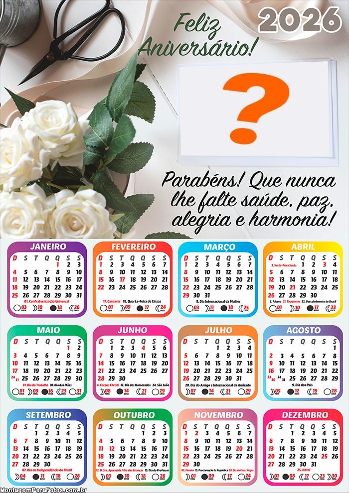 Calendário 2026 Mensagem de Parabéns Fazer Colagem Grátis