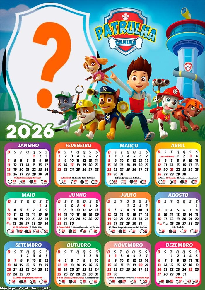 Calendário 2026 Patrulha Canina para FotoMontagem