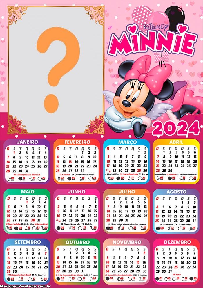 Calendário 2024 Minnie Rosa Vestido Rosa Colagem de Foto Infantil