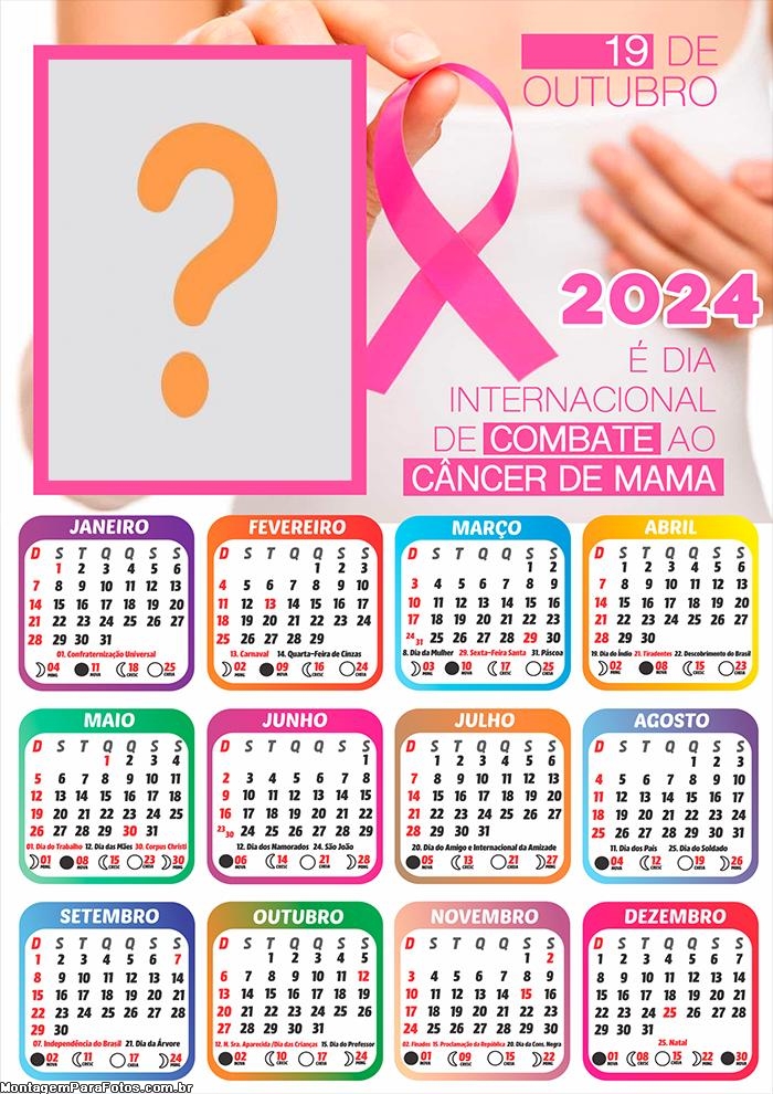 Calendário 2024 Dia Mundial de Combate ao CÃ¢ncer de Mama Colar e Imprimir