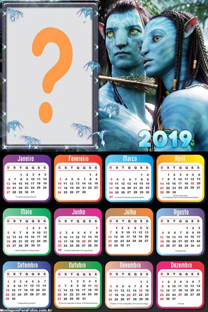 Calendário 2019 do Avatar Personagens