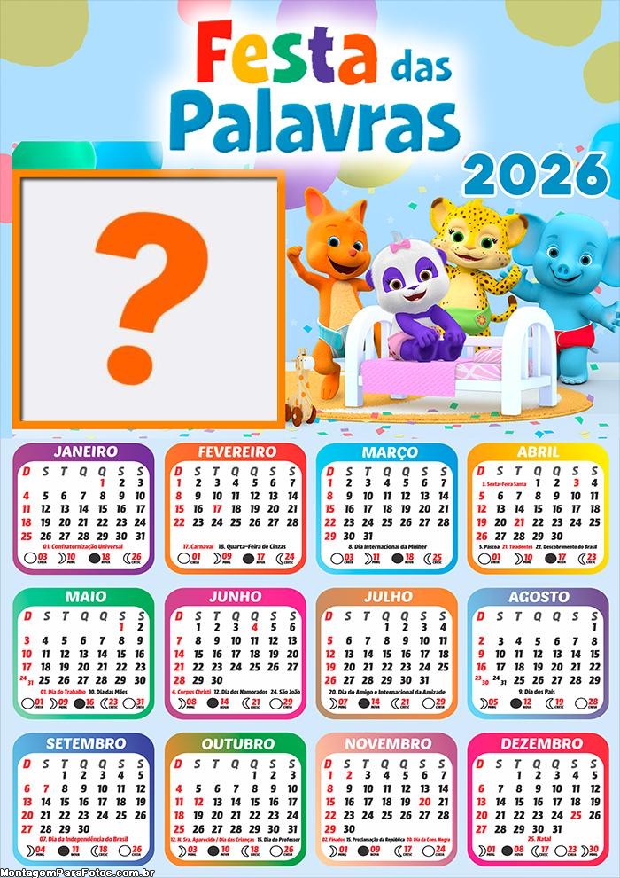 Calendário 2026 Festa das Palavras Montagem de Foto
