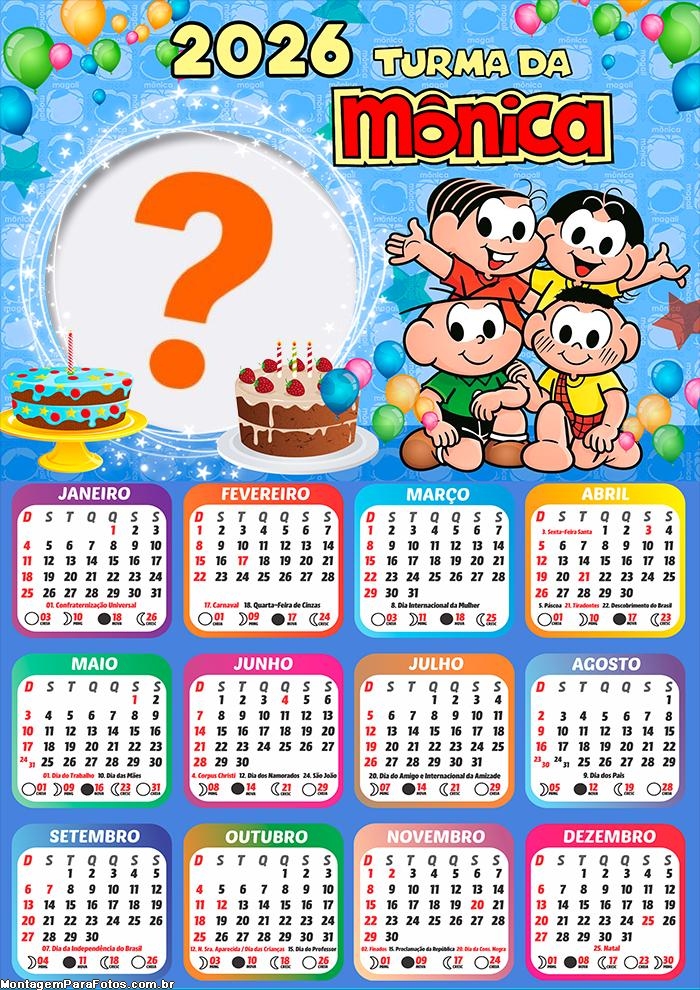 Calendário 2026 Feliz Páscoa Turma da Mônica Foto Colagem