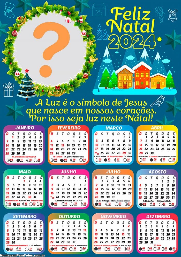 Calendário 2024 Feliz Natal Símbolo de Jesus que nasce Foto Mensagem