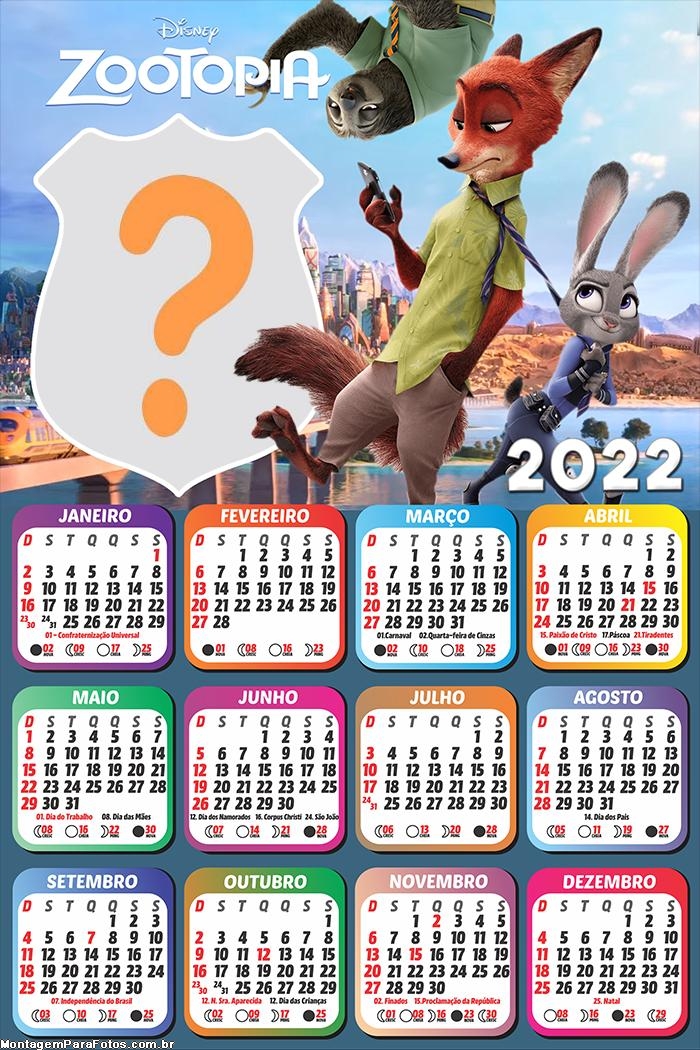 Calendário 2022 Zootopia Colar Foto e Imprimir