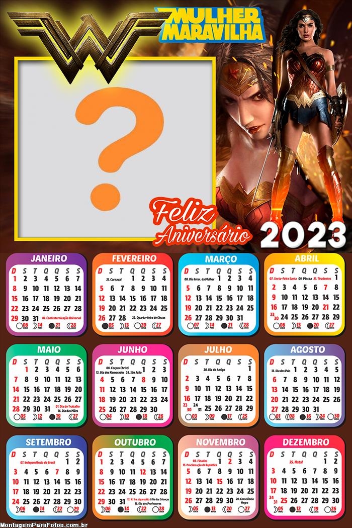 Calendário 2023 Feliz Aniversário Mulher Maravilha Montagem Grátis