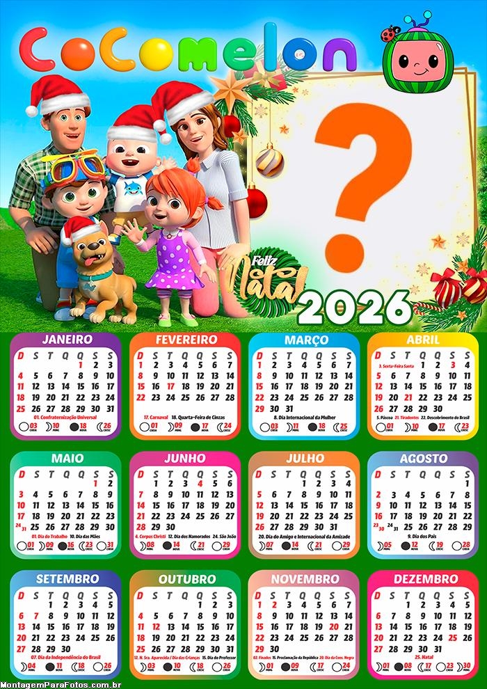 Calendário 2026 Feliz Natal Cocomelon Colagem Online
