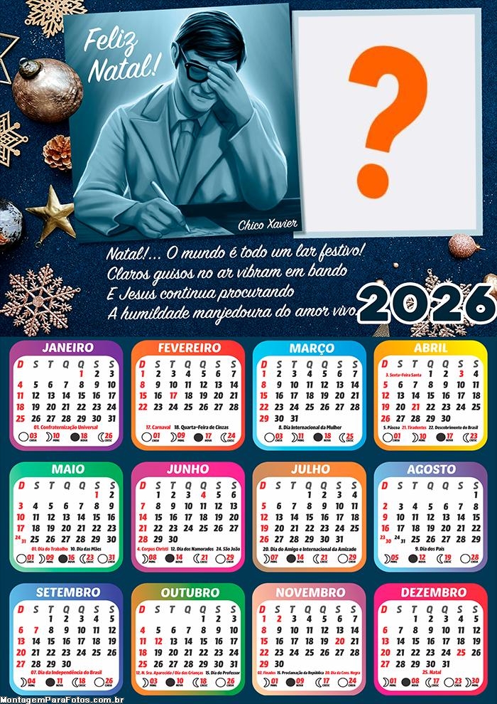 Calendário 2026 Feliz Natal Chico Xavier Foto Montagem