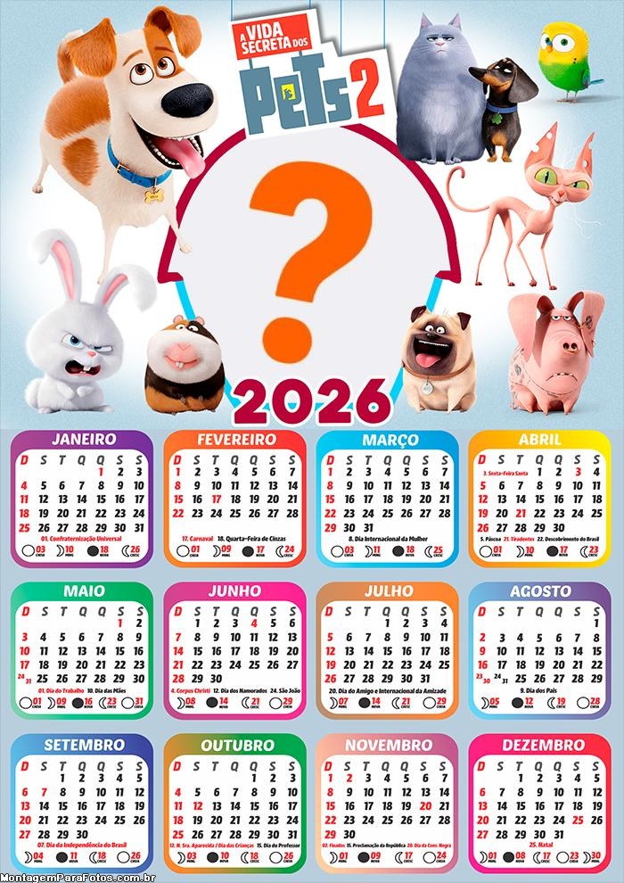 Calendário 2026 A Vida Secreta dos Pets Foto Montagem