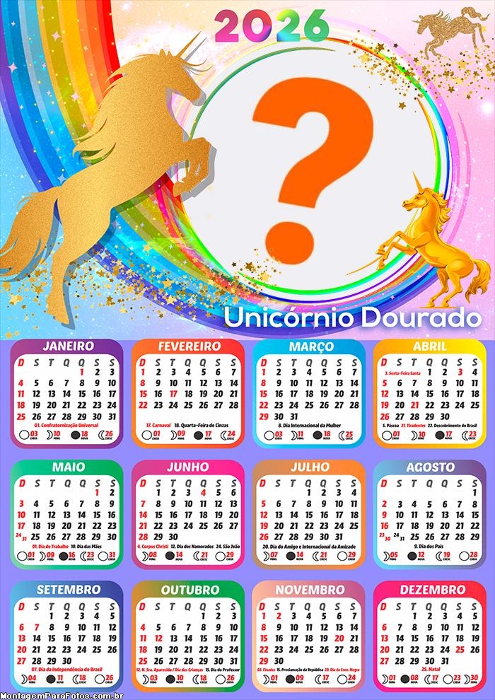 Calendário 2026 Unicórnio Dourado Colagem de Fotos