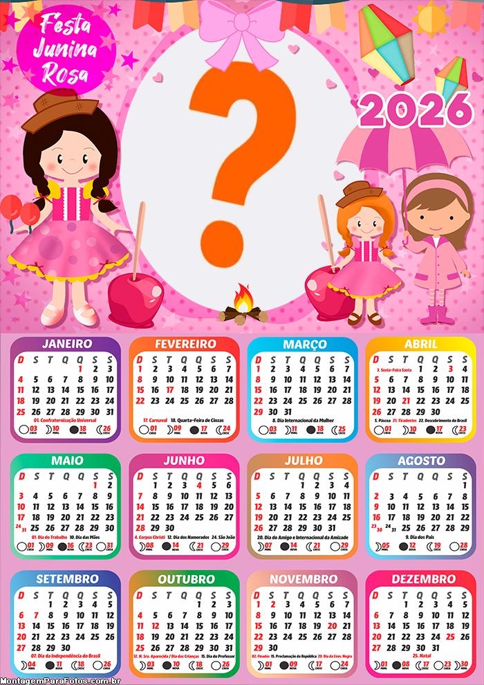 Calendário 2026 Festa Junina Meninas Colagem Online
