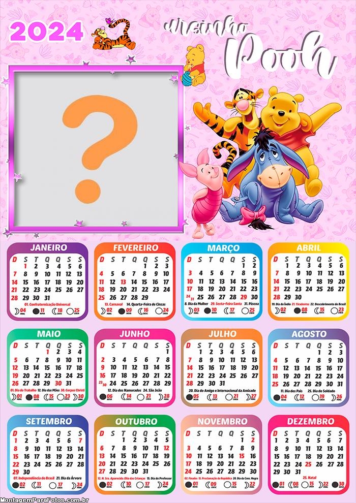 Calendário 2024 Ursinho Pooh para Meninas Imprimir Grátis