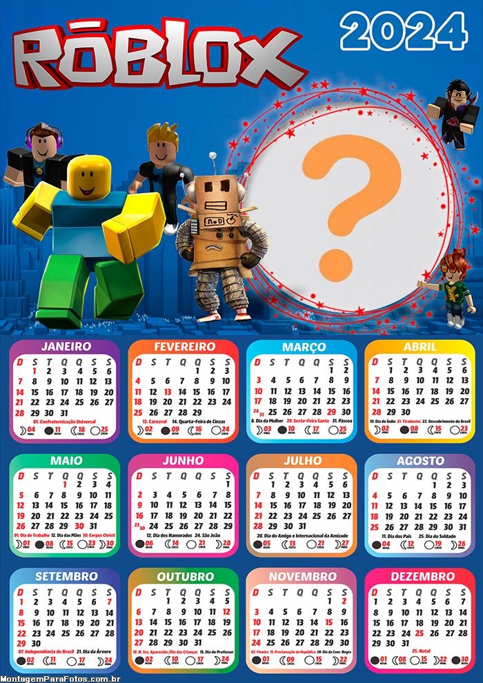 Calendário 2024 Roblox Game Colar Foto Infantil