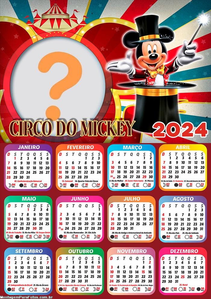 Calendário 2024 Mickey Circo para Foto Colagem Online