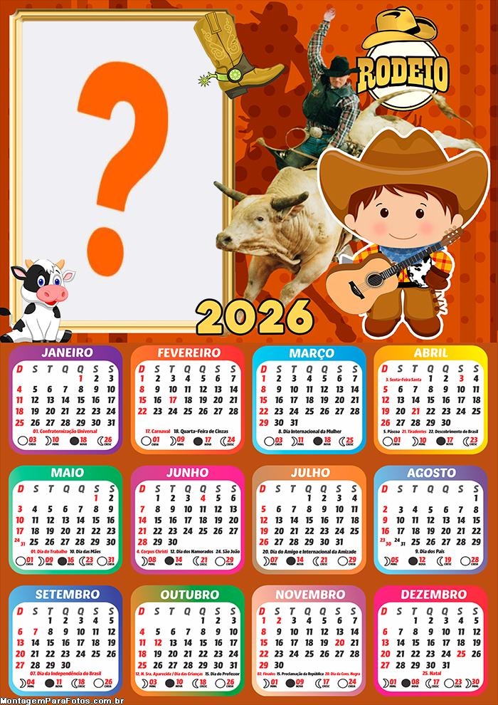 Calendário 2026 Rodeio Infantil Fazer Colagem Grátis