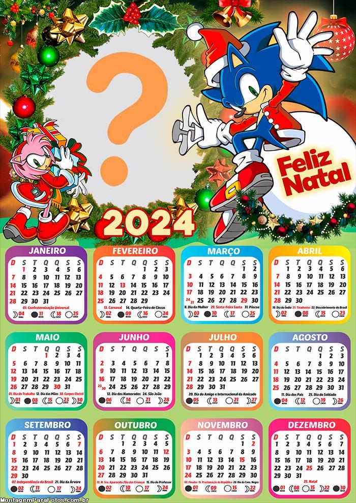 Infantil para Imprimir Calendário 2024 Feliz Natal Sonic