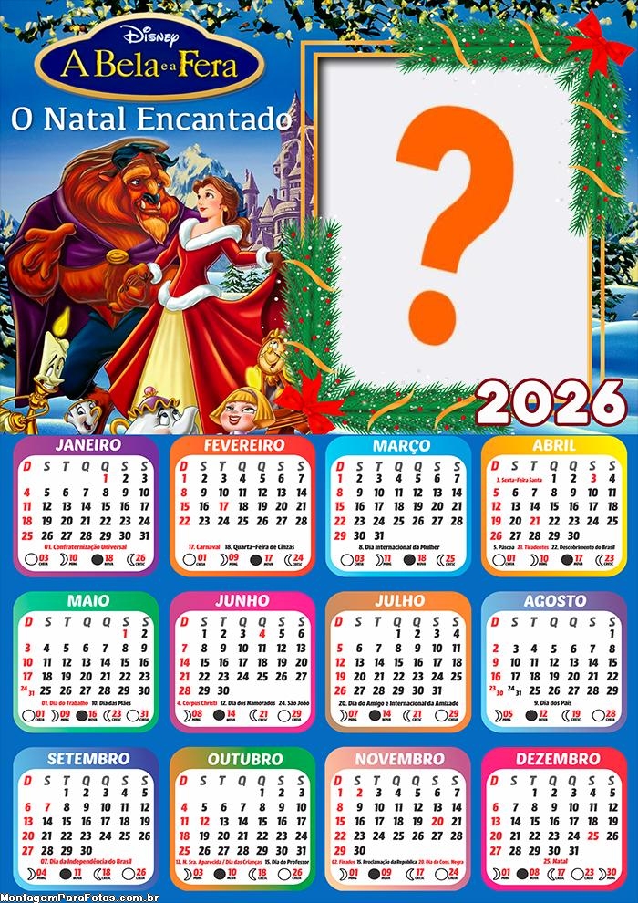 Calendário 2026 Bela e a Fera O Natal Encantado Colagem de Fotos
