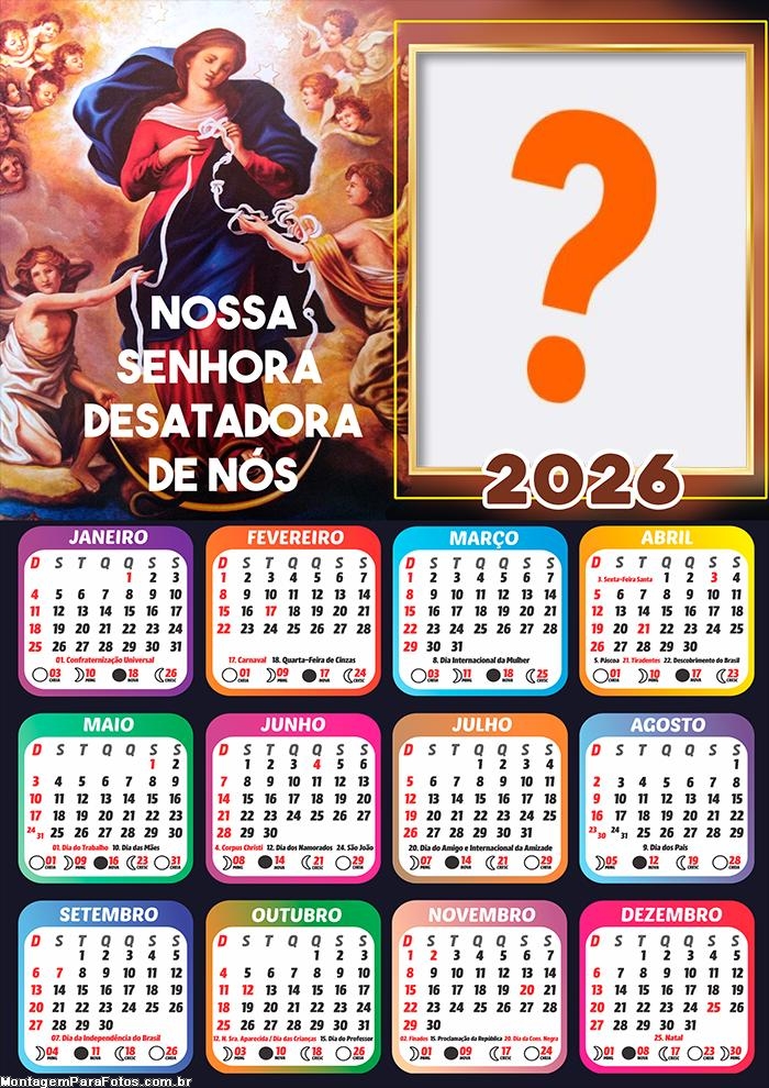 Calendário 2026 Nossa Senhora Desatadora de Nós Fazer Colagem Grátis