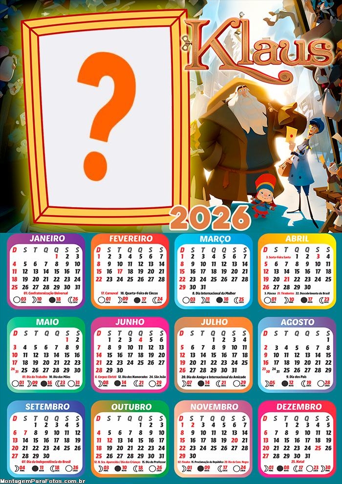 Calendário 2026 Klaus Papai Noel Fazer Colagem Grátis