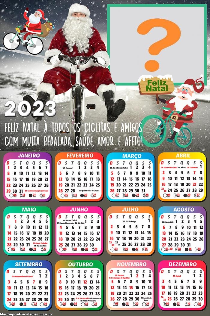 Calendário 2023 Feliz Natal Papai Noel Bicicleta Imprimir Grátis