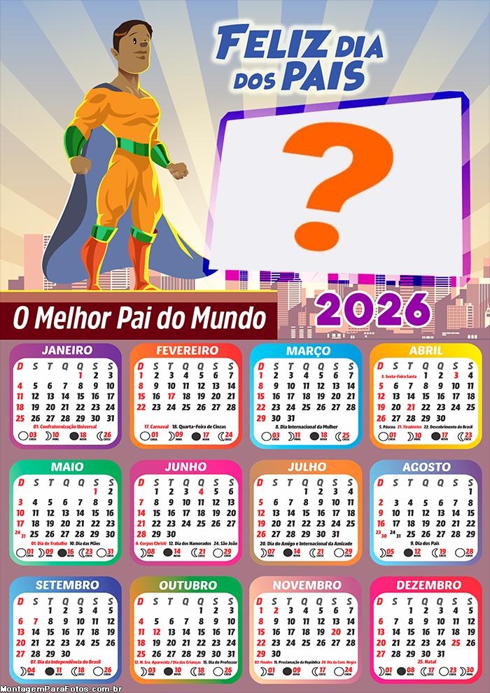 Calendário 2026 Pai Héroi Fazer Colagem Grátis