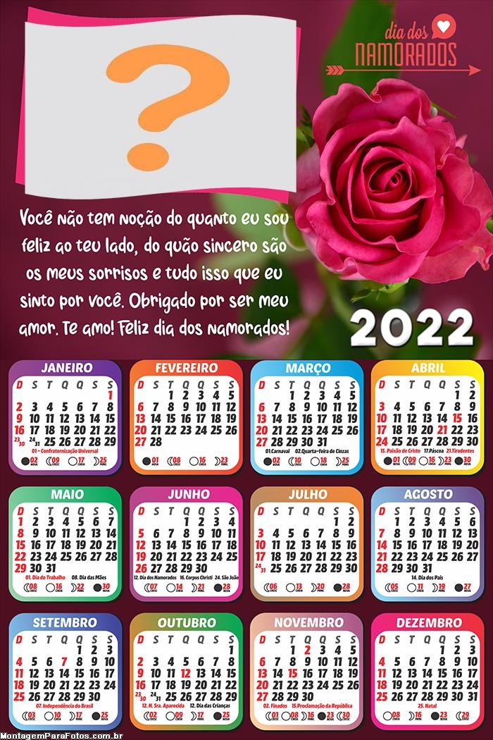 Calendário 2022 para o Dia dos Namorados