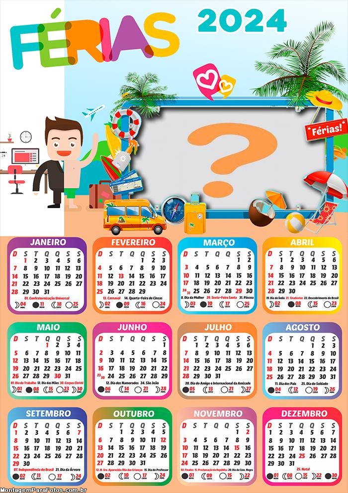 Calendário 2024 Colagem Moldura Online Férias Tema