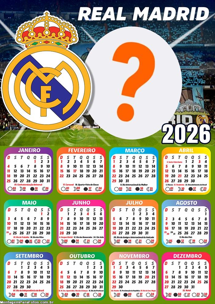 Calendário 2026 Real Madrid Fazer Colagem Grátis