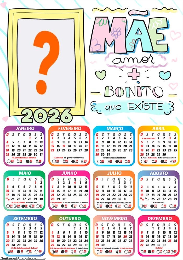 Calendário 2026 Amor mais Bonito que Existe Colagem de Fotos