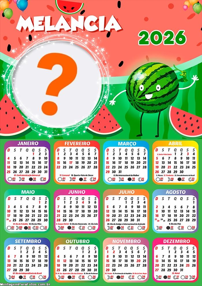 Calendário 2026 Melancia Tema Criar Montagem