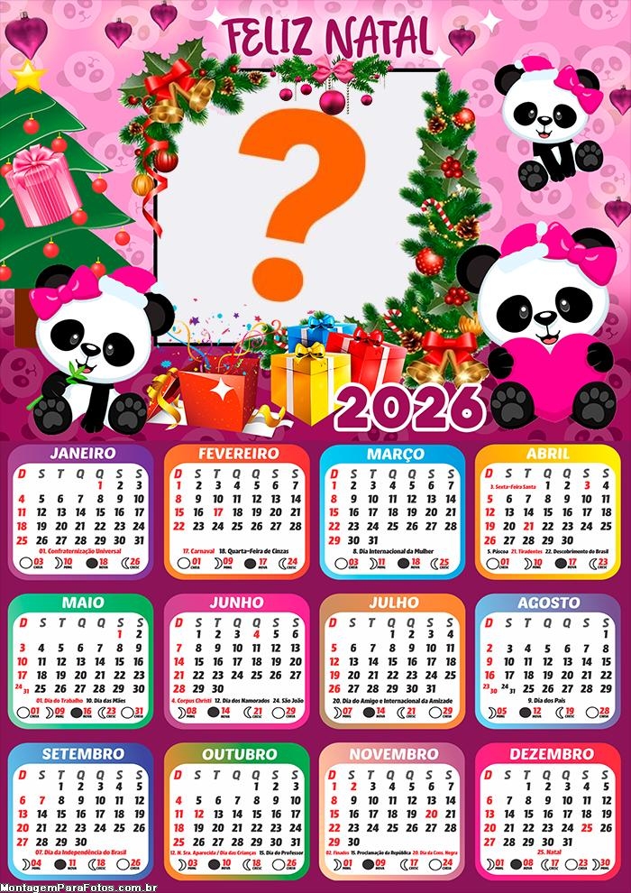 Calendário 2026 Feliz Natal Panda Rosa Montagem de Foto